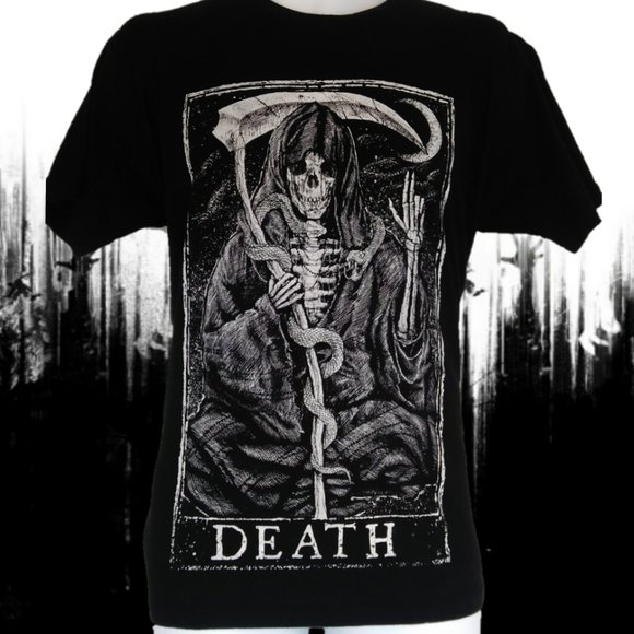 DEATH TAROT BLACK T-SHIRT Mens Med GRIM REAPER goth witch occult